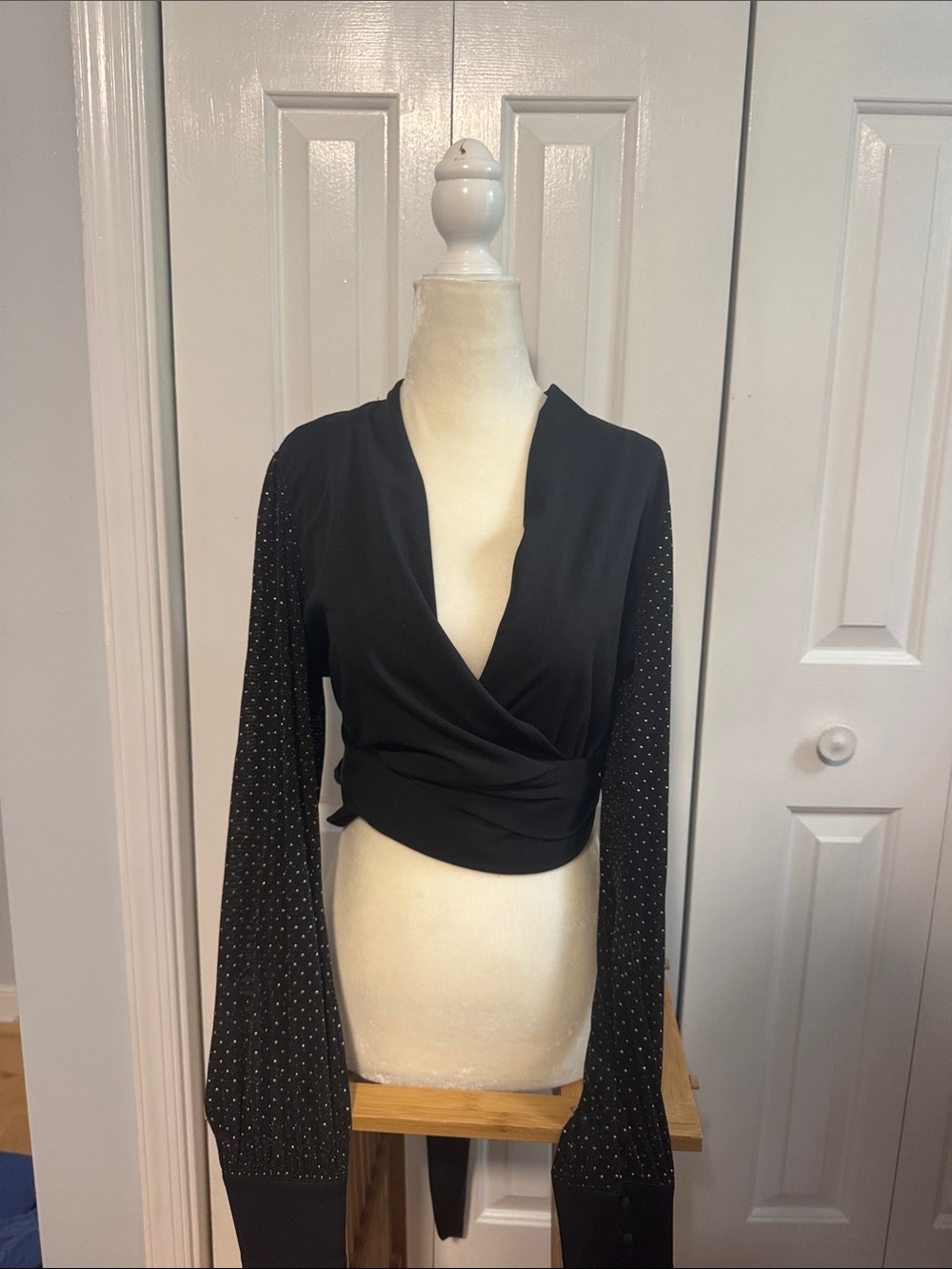 Unique Vintage Black Wrap Blouse with Sparkle Sleeves